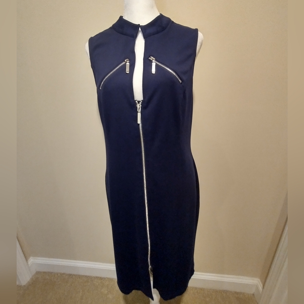 VENUS Midnight Blue Midi Dress with Silver Zipper